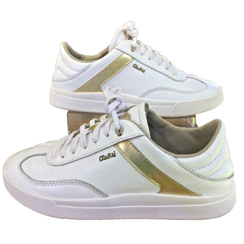 Olukai Ha'upu US 7 Full Grain Leather Sneaker Tennis Shoe Slide White Gold EU 37